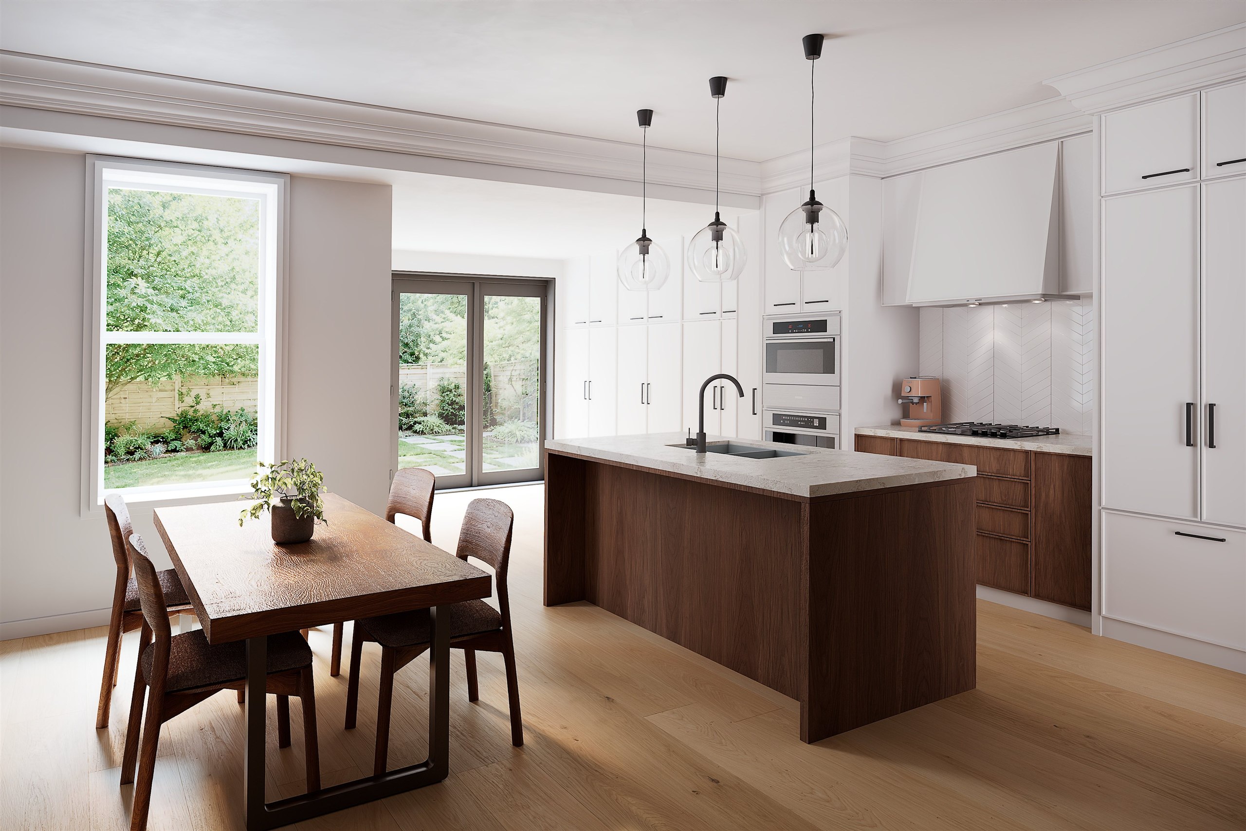 Bright kitchen with walnut island, glass pendants and garden view